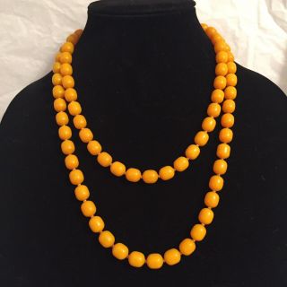 Vintage Amber? Bakelite? Lucite? Butterscotch Egg Yolk Beads Long Necklace