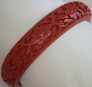 Vintage Chinese Carved Cinnabar Flower Bangle Bracelet