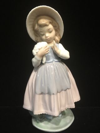 Vintage Nao Lladro Girl Pink Dress Blue Apron Hat Flowers Figurine