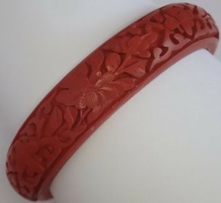 Vintage Chinese Carved Red Cinnabar Flower Bangle Bracelet