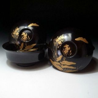 Re15: Vintage Japanese Lacquered Wooden Covered Bowls,  Gold Makie,  Butterfly