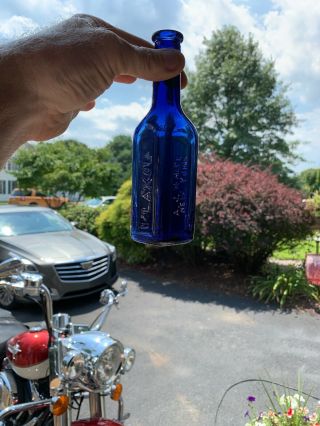 Vintage Cobalt Blue Triangle Shape A J White Medicine Bottle.  Immaculate