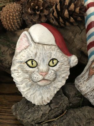 Wood Carved Santa Cat In A Christmas Stocking Hat Ornament Lisa Rogers