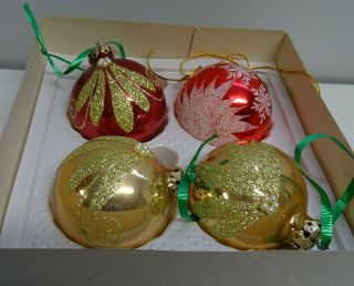 VINTAGE MERCURY GLASS CHRISTMAS BALLS RED & GOLD BOXED WEST GERMANY 2
