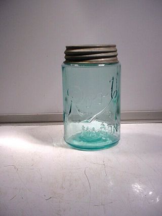 Root Mason Aqua Pint Fruit Jar W/ Old Zinc Lid