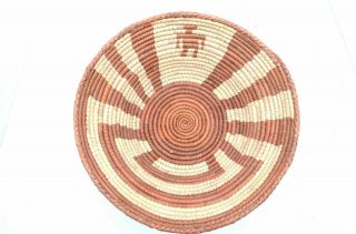 Vintage American Coiled Basket Pictorial Tribal Man In Maze 12 " Large Polychrome