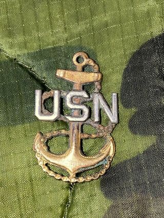 Ww2 Era Us Navy Chief Petty Officer Cpo Side Cap / Badge Pin - Back Usn Ns Meyers