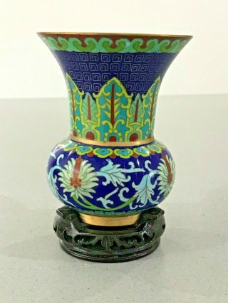 Vintage Chinese Cloisonne Vase Oriental Enamel Vase Wooden Stand 15.  5cm