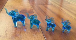 Vintage Set Of Four (4) Blue Blown Glass Miniature Elephants