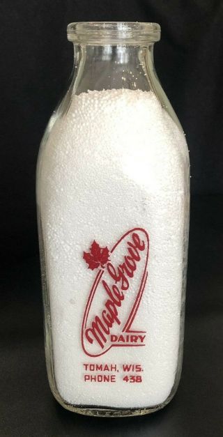 Vintage - Maple Grove Dairy 1 Quart Glass Milk Bottle - Tomah,  Wi