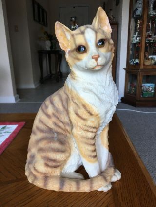 Large Sitting Lifelike Curious Orange Tabby Cat Sitting Statue 12” Tall
