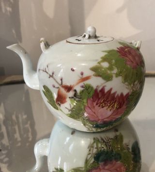 Antique Vintage Chinese Famille Rose Handpainted Flowers Bird Teapot Porcelain