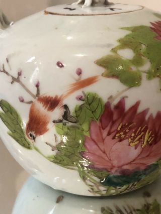 Antique Vintage Chinese Famille Rose Handpainted Flowers Bird Teapot Porcelain 2