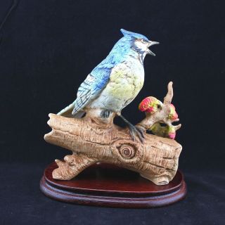 Porcelain Figurine Blue Jay W/ Wooden Base