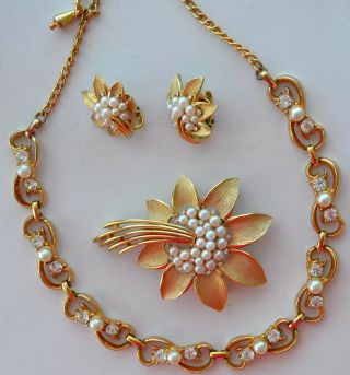 Vintage Crown Trifari Rhinestone,  Pearl Flower Brooch,  Earring,  Necklace Set