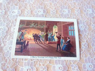 Victorian Christmas Card/festive Log Pulling Scene/goodall/1866
