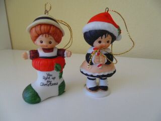 Pair Vtg Enesco Ceramac Christmas Ornaments Girl Doll Figurines Red & Black Hair