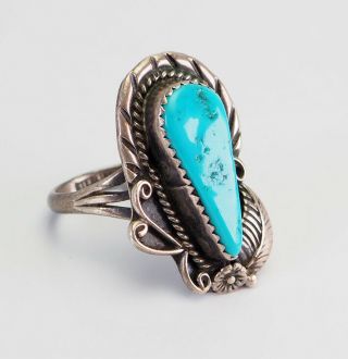 Vintage Sterling Silver Navajo Drop Shape Turquoise Ring Size 6.  5