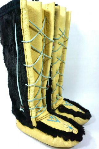 Vintage Buckskin Moccasin Boots 19 " Tall Native American Real Fur Hide Beaded