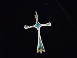Navajo Inlaid Cross Vintage Sterling & Turquoise 2 & 5/8 " High 1 & 5/8 " Wide