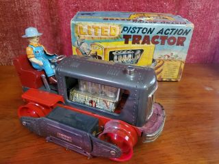 Vintage Tin Toy Lighted Piston Action Tractor Made In Japan