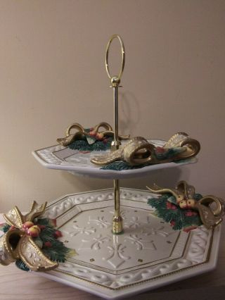 Fitz And Floyd Classics Christmas 2 Tier Serving Tray Plate Gold Trim Read Descr