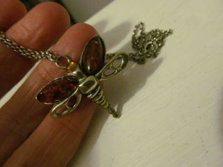 Quality Vintage Amber Dragonfly Necklace Set In Silver On Silver Chain