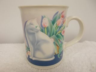 Vintage Otagiri Gibson Greetings White Cat Flowers Coffee Tea Cup Mug