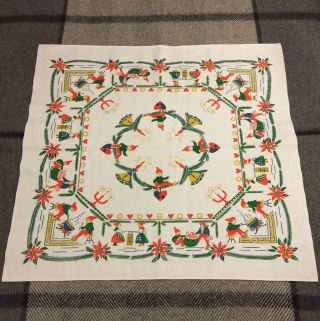 Old Swedish Christmas Tablecloth Elves Bells Candles Hearts Table Cloth