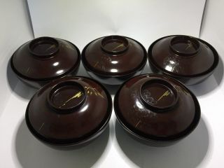 Japanese Wooden Lacquer Ware 5set Covered Bowl With Makie Mt.  Fuji