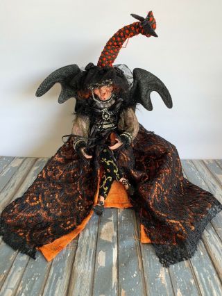 Mark Roberts Halloween Witch Lady W/ Bat Wings Doll Jeweled Glasses Orange Dress