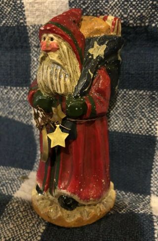 Pam Schifferl Wooden Santa Claus Moon & Stars Ink Stamp Base 3 1/2”tall Signed