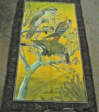 As Seen Vintage Hand Painted Bird Picture On Material 123 H X 73cm W