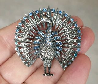 Stunning Vintage Art Deco Jewellery Crystal Rhinestone Peacock Silver Brooch Pin
