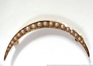 Ladies Natural Seed Pearl 14kt Gold Antique Crescent Moon Shoulder Pin
