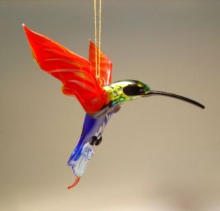 Blown Glass Figurine Bird Hanging Red And Blue Hummingbird Ornament