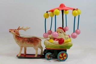 Japan Celluloid Tin Christmas Santa Claus Sleigh Reindeer Umbrella 7 ",  Sparkly