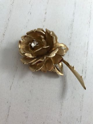Vintage Boucher Signed Goldtone Rhinestones Rose Flower Brooch Pin Style 8085