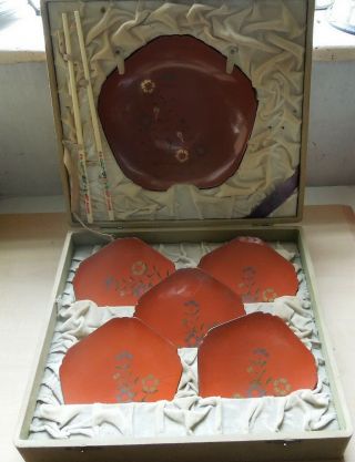 1920s Japanese Papier Mache Red Lacquer Plates & Bowl,  Cased