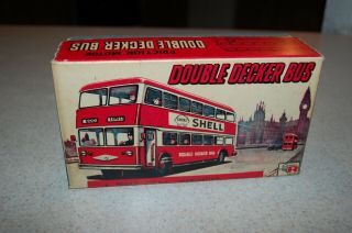 Vintage " H " Japan Friction Tin Toy Double Decker Bus Shell Mobilgas W/ Box