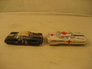 Vintage Japan Tin Litho Friction Toy Ambulance & Police Cars 4 " Long
