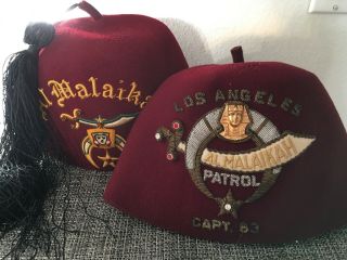 Two Masonic Fez Shriner Al Malaikah Lodge Los Angeles Fraternity Felt Hats D4