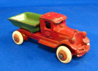 Vintage Kilgore Cast Iron 4.  5 " Toy Dump Truck - Red & Green