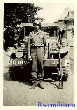 Good Pic Us Soldier W/ Garand Rifle By Unit Marked Light Truck; Germany 1945