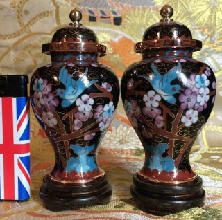 Fine Mirror Antique Chinese Cloisonne Vases On Stands.