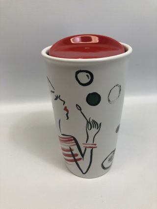 Starbucks 2015 White Ceramic Travel Tumbler Mug Girl Blowing Bubbles 2