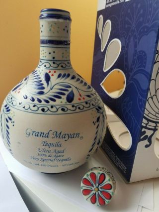 Empty Bottle Grand Mayan Tequila Ultra Hand Painted Clay,  Cork,  Box Collect