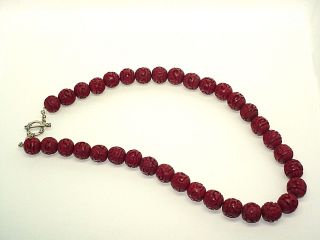 Vintage Chinese Cinnabar Necklace With A Sterling Silver Clasp