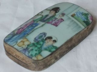Vintage Chinese Porcelain Shard Silver Plate Trinket Box Painted Woman & Child