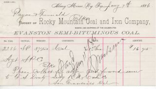 1886 Billhead Rocky Mountain Coal & Iron Co Almy Mines Wyoming Territory